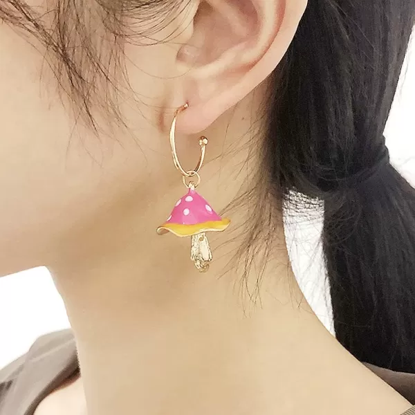 Cute Mushroom Dangle Earrings for Women Girls Gold Plated Enamel Food Half Hoop Dangling Stud Lifelike Creative Earring Birthday Party Handmade Y2K JewelryPink