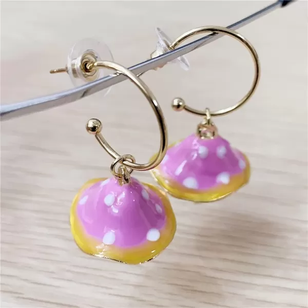 Cute Mushroom Dangle Earrings for Women Girls Gold Plated Enamel Food Half Hoop Dangling Stud Lifelike Creative Earring Birthday Party Handmade Y2K JewelryPink