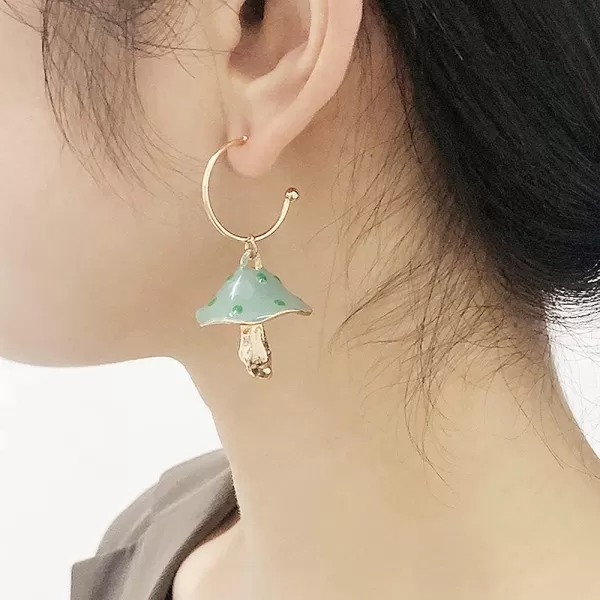 Cute Mushroom Dangle Earrings for Women Girls Gold Plated Enamel Food Half Hoop Dangling Stud Lifelike Creative Earring Birthday Party Handmade Y2K JewelryGreen
