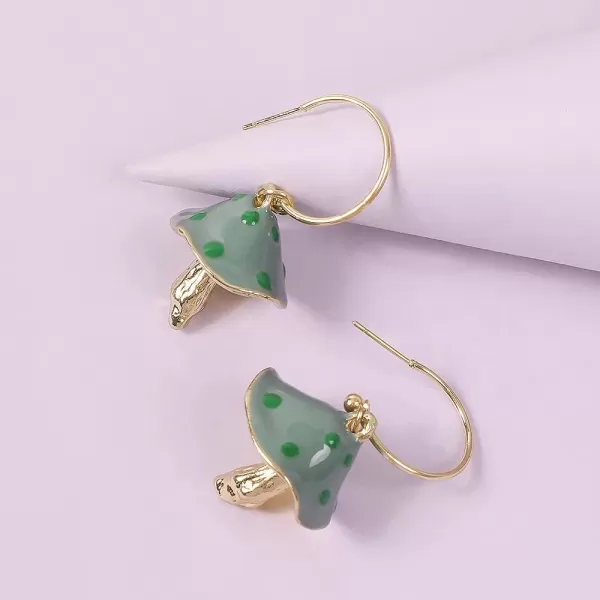 Cute Mushroom Dangle Earrings for Women Girls Gold Plated Enamel Food Half Hoop Dangling Stud Lifelike Creative Earring Birthday Party Handmade Y2K JewelryGreen