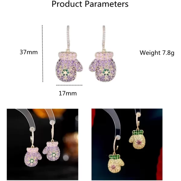 Dainty CZ Christmas Glove Dangle Earrings for Women Girls Fashion Cute Charms Snowflake Drop Half Huggie Hoops Dangling Stud Hypoallergenic Xmas Birthday Holiday Jewelry Gifts BoxPurple
