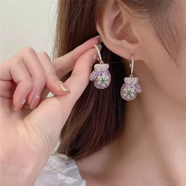 Dainty CZ Christmas Glove Dangle Earrings for Women Girls Fashion Cute Charms Snowflake Drop Half Huggie Hoops Dangling Stud Hypoallergenic Xmas Birthday Holiday Jewelry Gifts BoxPurple