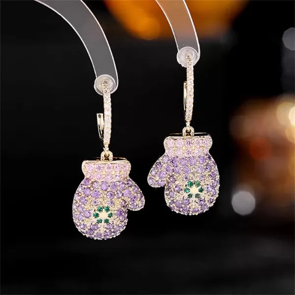 Dainty CZ Christmas Glove Dangle Earrings for Women Girls Fashion Cute Charms Snowflake Drop Half Huggie Hoops Dangling Stud Hypoallergenic Xmas Birthday Holiday Jewelry Gifts BoxPurple