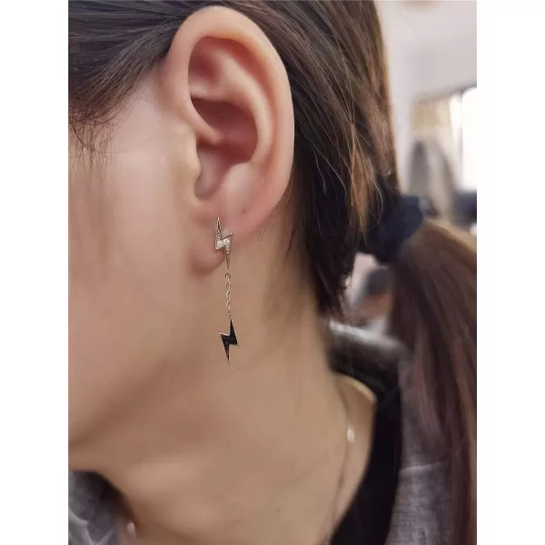 Double Lightning Bolt Tassel Drop Dangle Mini Crystal Stud Earrings for Women Girls 925 Sterling Silver Tiny Piercing Ear Studs Cartilage Tragus Chain Nickel Free Fashion Punk JewelrySilver