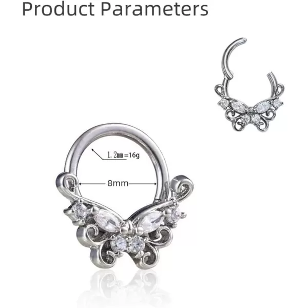 Dtja 16G Flower Butterfly CZ Nose Ring Surgical Steel Septum Jewelry for Women Girls Crystal Hypoallergenic Hinged Segment Body Piercing Nose Hoop Rings Helix Ear Cartilage Rook Earrings 8mm 1 PieceDtja 16G Flower Butterfly CZ Nose Ring Surgical Steel Septum Jewelry for Women Girls Crystal Hypoallergenic Hinged Segment Body Piercing Nose Hoop Rings Helix Ear Cartilage Rook Earrings 8mm 1 Piece