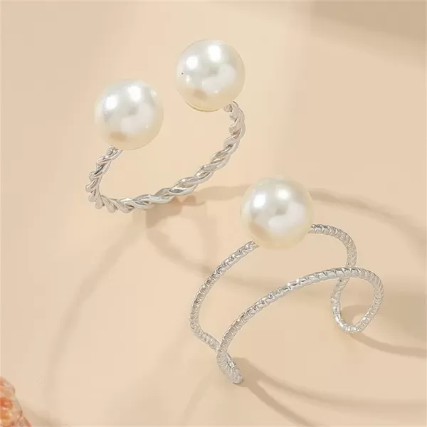 Dtja 2pcs Shell Pearl Adjustable Wedding Statement Rings for Women Girls Silver Plated Expandable Twisted Layered Open Wrap Rings Comfort Fit Fashion Delicate Birthday Christmas Party Jewelry GiftsSilver