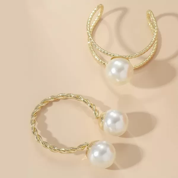 Dtja 2pcs Shell Pearl Adjustable Wedding Statement Rings for Women Girls Silver Plated Expandable Twisted Layered Open Wrap Rings Comfort Fit Fashion Delicate Birthday Christmas Party Jewelry GiftsGold Plated