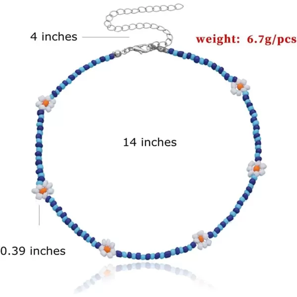 Dtja Boho Bead Flower Necklace for Women Girls Bohemian Colorful Ball Bead Seed Handmade Adjustable Choker Chain Layered Bracelet Anklet Beachy Y2K Necklaces GiftBlue