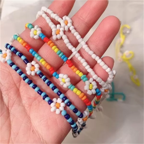 Dtja Boho Bead Flower Necklace for Women Girls Bohemian Colorful Ball Bead Seed Handmade Adjustable Choker Chain Layered Bracelet Anklet Beachy Y2K Necklaces GiftBlue