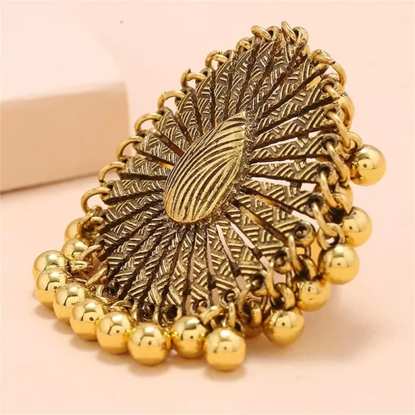 Dtja Boho Big Teardrop Statement Ring for Women Girls Vintage Tassel Ball Bead Adjustable Open Band Cocktail Party Ring Comfort Fit Gypsy Indian Bollywood Peacock Tail Exaggerated JewelryGold