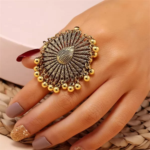 Dtja Boho Big Teardrop Statement Ring for Women Girls Vintage Tassel Ball Bead Adjustable Open Band Cocktail Party Ring Comfort Fit Gypsy Indian Bollywood Peacock Tail Exaggerated JewelryGold