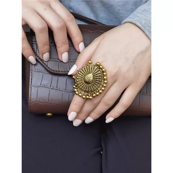 Dtja Boho Big Teardrop Statement Ring for Women Girls Vintage Tassel Ball Bead Adjustable Open Band Cocktail Party Ring Comfort Fit Gypsy Indian Bollywood Peacock Tail Exaggerated JewelryGold