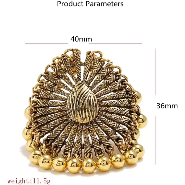 Dtja Boho Big Teardrop Statement Ring for Women Girls Vintage Tassel Ball Bead Adjustable Open Band Cocktail Party Ring Comfort Fit Gypsy Indian Bollywood Peacock Tail Exaggerated JewelryGold