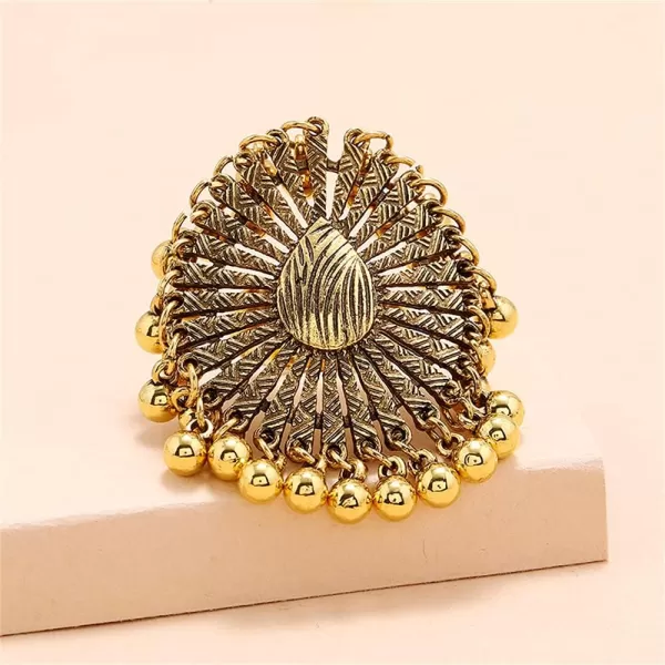 Dtja Boho Big Teardrop Statement Ring for Women Girls Vintage Tassel Ball Bead Adjustable Open Band Cocktail Party Ring Comfort Fit Gypsy Indian Bollywood Peacock Tail Exaggerated JewelryGold