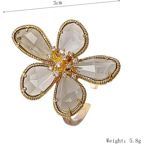 Dtja Shiny Crystal Flower Statement Ring for Women Girls Gold Plated Bling CZ Delicate Lightweight Adjustable Expandable Open Wrap Finger Rings Comfort Fit Boho Y2K Jewelry Wedding Birthday ChristmasGrey