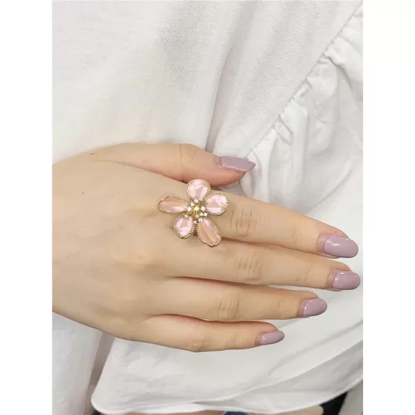 Dtja Shiny Crystal Flower Statement Ring for Women Girls Gold Plated Bling CZ Delicate Lightweight Adjustable Expandable Open Wrap Finger Rings Comfort Fit Boho Y2K Jewelry Wedding Birthday ChristmasPink