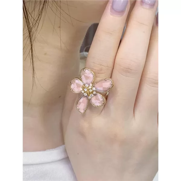 Dtja Shiny Crystal Flower Statement Ring for Women Girls Gold Plated Bling CZ Delicate Lightweight Adjustable Expandable Open Wrap Finger Rings Comfort Fit Boho Y2K Jewelry Wedding Birthday ChristmasPink
