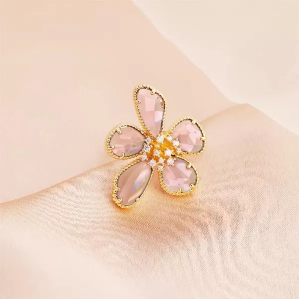 Dtja Shiny Crystal Flower Statement Ring for Women Girls Gold Plated Bling CZ Delicate Lightweight Adjustable Expandable Open Wrap Finger Rings Comfort Fit Boho Y2K Jewelry Wedding Birthday ChristmasPink
