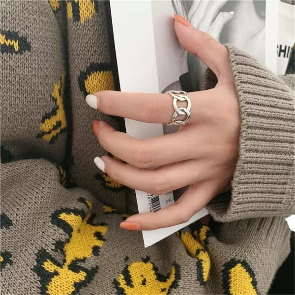 Dtja Silver Wide Open Band Ring for Women Girls Statement Cuban Link Chain Adjustable Punk Hip Hop Motorcycle Rings Comfort Fit Fashion Vintage JewelryDtja Silver Wide Open Band Ring for Women Girls Statement Cuban Link Chain Adjustable Punk Hip Hop Motorcycle Rings Comfort Fit Fashion Vintage Jewelry