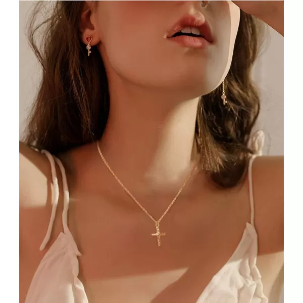 Dtja Vintage Cross Necklace Sterling Silver Pendant Necklaces for Women Girls Simple Handmade Hammered Jewelry Adjustable Choker Chain Gift for Prayer14K Gold Plated