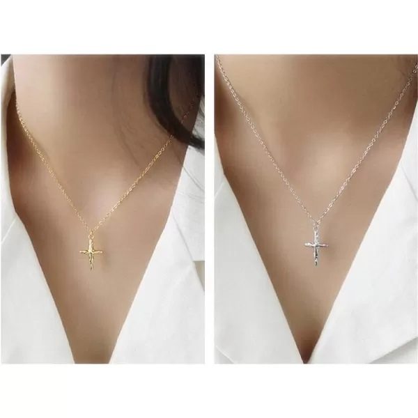 Dtja Vintage Cross Necklace Sterling Silver Pendant Necklaces for Women Girls Simple Handmade Hammered Jewelry Adjustable Choker Chain Gift for Prayer14K Gold Plated