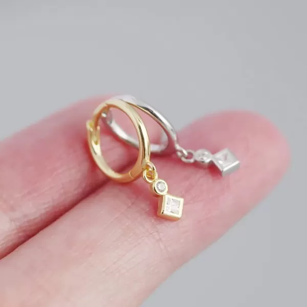 Geometric CZ Bezel Dangle Hoop Earrings for Women Girls 925 Sterling Silver Charms Minimalist Tiny Cubic Zirconia Drop Dangling Cartilage Helix Tragus Hypoallergenic Jewelry Dainty GiftsSilver