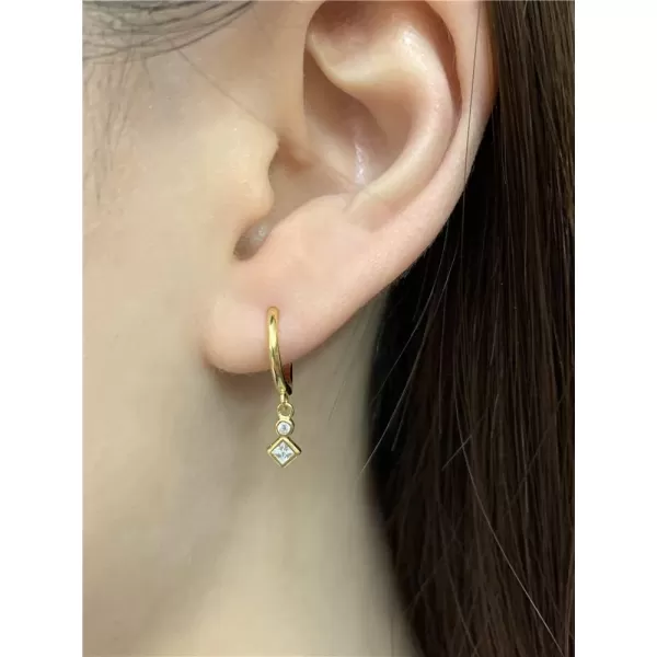 Geometric CZ Bezel Dangle Hoop Earrings for Women Girls 925 Sterling Silver Charms Minimalist Tiny Cubic Zirconia Drop Dangling Cartilage Helix Tragus Hypoallergenic Jewelry Dainty GiftsGold Plated