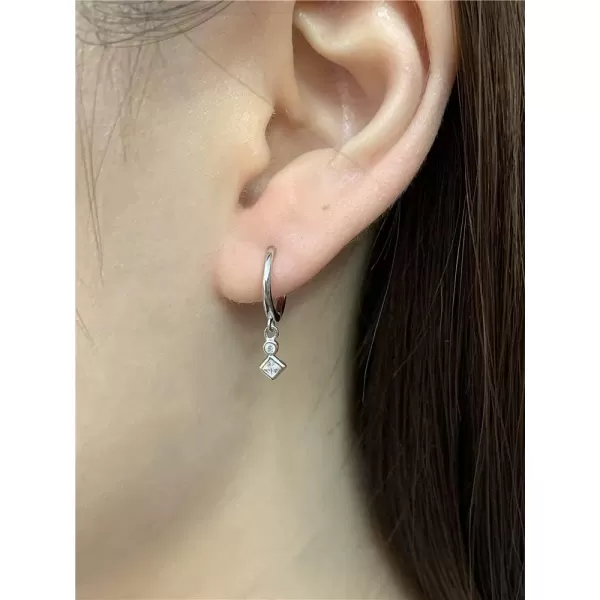 Geometric CZ Bezel Dangle Hoop Earrings for Women Girls 925 Sterling Silver Charms Minimalist Tiny Cubic Zirconia Drop Dangling Cartilage Helix Tragus Hypoallergenic Jewelry Dainty GiftsSilver
