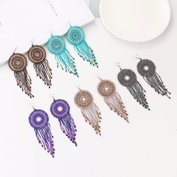 Handmade Long Fringe Drop Dangle Statement Earrings for Women Girls Acrylic Boho Ball Beads Round Hoop Tassel Chain Beaded Woven Chandelier Tribal Exaggerated Dreamcatcher Ear Piercing Hook JewelrySilver