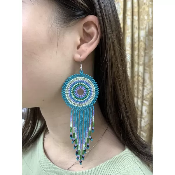 Handmade Long Fringe Drop Dangle Statement Earrings for Women Girls Acrylic Boho Ball Beads Round Hoop Tassel Chain Beaded Woven Chandelier Tribal Exaggerated Dreamcatcher Ear Piercing Hook JewelryBlue