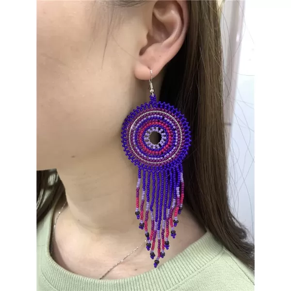 Handmade Long Fringe Drop Dangle Statement Earrings for Women Girls Acrylic Boho Ball Beads Round Hoop Tassel Chain Beaded Woven Chandelier Tribal Exaggerated Dreamcatcher Ear Piercing Hook JewelryPurple