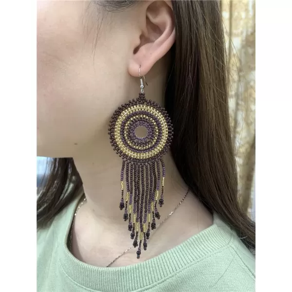 Handmade Long Fringe Drop Dangle Statement Earrings for Women Girls Acrylic Boho Ball Beads Round Hoop Tassel Chain Beaded Woven Chandelier Tribal Exaggerated Dreamcatcher Ear Piercing Hook JewelryGold