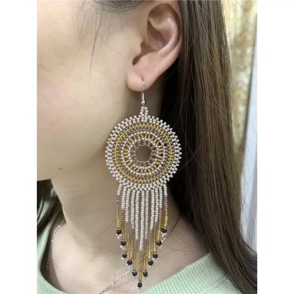 Handmade Long Fringe Drop Dangle Statement Earrings for Women Girls Acrylic Boho Ball Beads Round Hoop Tassel Chain Beaded Woven Chandelier Tribal Exaggerated Dreamcatcher Ear Piercing Hook JewelryCream