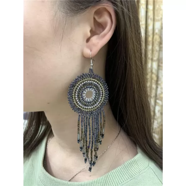 Handmade Long Fringe Drop Dangle Statement Earrings for Women Girls Acrylic Boho Ball Beads Round Hoop Tassel Chain Beaded Woven Chandelier Tribal Exaggerated Dreamcatcher Ear Piercing Hook JewelrySilver