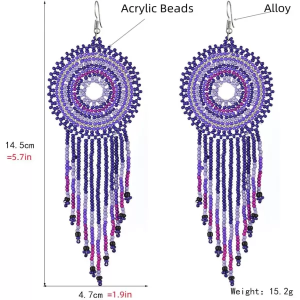 Handmade Long Fringe Drop Dangle Statement Earrings for Women Girls Acrylic Boho Ball Beads Round Hoop Tassel Chain Beaded Woven Chandelier Tribal Exaggerated Dreamcatcher Ear Piercing Hook JewelrySilver