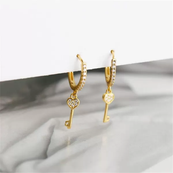 Huggie Small Sleeper Hoop Earrings for Women Girls Sterling Silver Cubic Zirconia with Charms Cute Star Love Heart Key Feather Drop Dangle Cuff Cartilage Helix Stud Dainty Multiple JewelryGold Heart Key