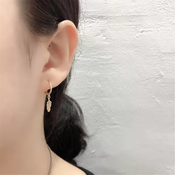 Huggie Small Sleeper Hoop Earrings for Women Girls Sterling Silver Cubic Zirconia with Charms Cute Star Love Heart Key Feather Drop Dangle Cuff Cartilage Helix Stud Dainty Multiple JewelryGold Feather