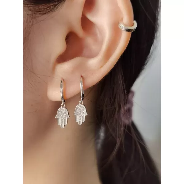Huggie Small Sleeper Hoop Earrings for Women Girls Sterling Silver Cubic Zirconia with Charms Cute Star Love Heart Key Feather Drop Dangle Cuff Cartilage Helix Stud Dainty Multiple JewelryCZ Silver Hand