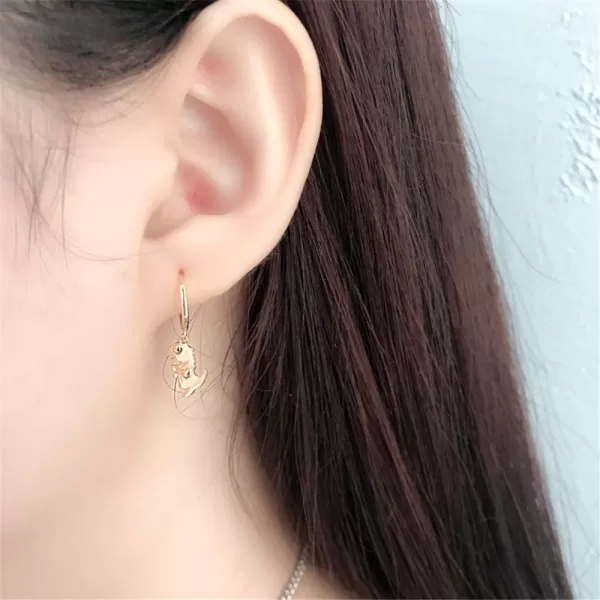 Huggie Small Sleeper Hoop Earrings for Women Girls Sterling Silver Cubic Zirconia with Charms Cute Star Love Heart Key Feather Drop Dangle Cuff Cartilage Helix Stud Dainty Multiple JewelryGold Dinosaur