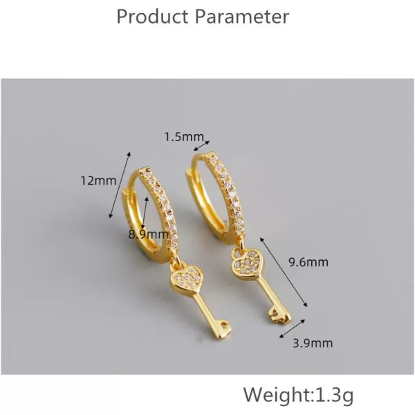 Huggie Small Sleeper Hoop Earrings for Women Girls Sterling Silver Cubic Zirconia with Charms Cute Star Love Heart Key Feather Drop Dangle Cuff Cartilage Helix Stud Dainty Multiple JewelryGold Heart Key