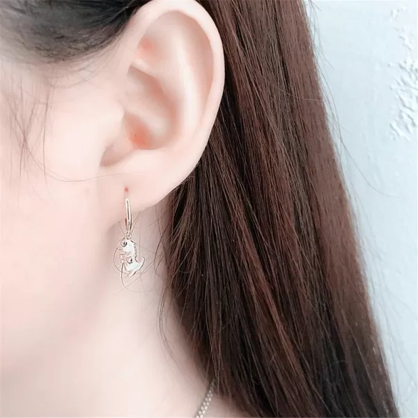 Huggie Small Sleeper Hoop Earrings for Women Girls Sterling Silver Cubic Zirconia with Charms Cute Star Love Heart Key Feather Drop Dangle Cuff Cartilage Helix Stud Dainty Multiple JewelrySilver Dinosaur