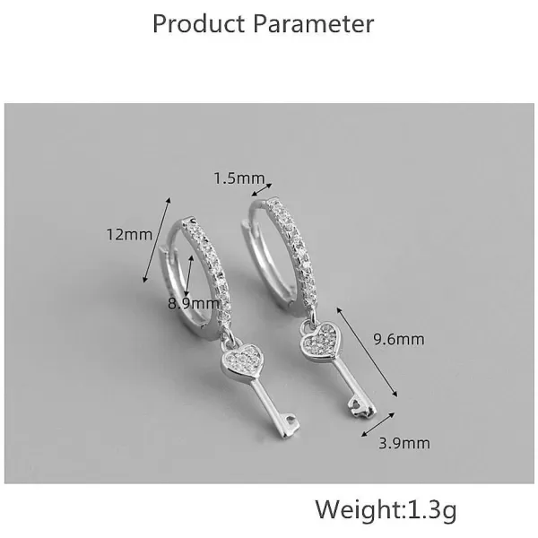 Huggie Small Sleeper Hoop Earrings for Women Girls Sterling Silver Cubic Zirconia with Charms Cute Star Love Heart Key Feather Drop Dangle Cuff Cartilage Helix Stud Dainty Multiple JewelrySilver Heart Key