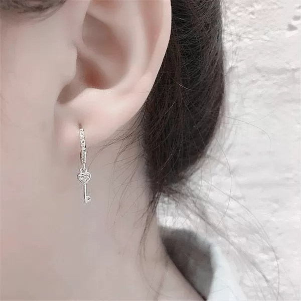 Huggie Small Sleeper Hoop Earrings for Women Girls Sterling Silver Cubic Zirconia with Charms Cute Star Love Heart Key Feather Drop Dangle Cuff Cartilage Helix Stud Dainty Multiple JewelrySilver Heart Key