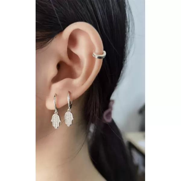 Huggie Small Sleeper Hoop Earrings for Women Girls Sterling Silver Cubic Zirconia with Charms Cute Star Love Heart Key Feather Drop Dangle Cuff Cartilage Helix Stud Dainty Multiple JewelryCZ Silver Hand