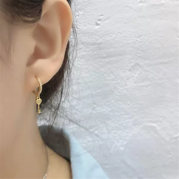 Huggie Small Sleeper Hoop Earrings for Women Girls Sterling Silver Cubic Zirconia with Charms Cute Star Love Heart Key Feather Drop Dangle Cuff Cartilage Helix Stud Dainty Multiple JewelryGold Heart Key