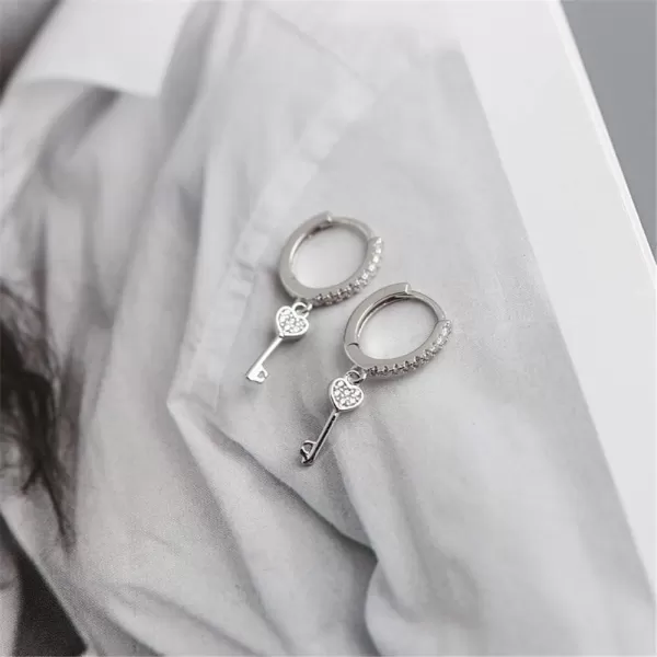 Huggie Small Sleeper Hoop Earrings for Women Girls Sterling Silver Cubic Zirconia with Charms Cute Star Love Heart Key Feather Drop Dangle Cuff Cartilage Helix Stud Dainty Multiple JewelrySilver Heart Key