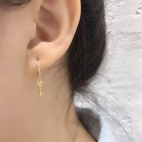 Huggie Small Sleeper Hoop Earrings for Women Girls Sterling Silver Cubic Zirconia with Charms Cute Star Love Heart Key Feather Drop Dangle Cuff Cartilage Helix Stud Dainty Multiple JewelryGold Heart Key