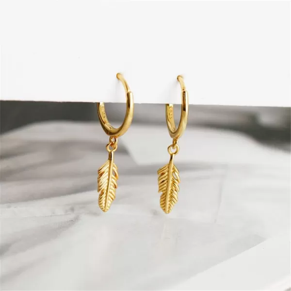 Huggie Small Sleeper Hoop Earrings for Women Girls Sterling Silver Cubic Zirconia with Charms Cute Star Love Heart Key Feather Drop Dangle Cuff Cartilage Helix Stud Dainty Multiple JewelryGold Feather