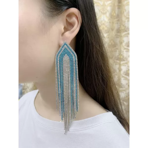 Luxury Fringe Crystal Drop Dangle Earrings for Women Girls Blink Diamond Chandelier Statement Dangling Stud Earring Exggerated Wedding Birthday Festival Jewelry GiftsSilver Blue