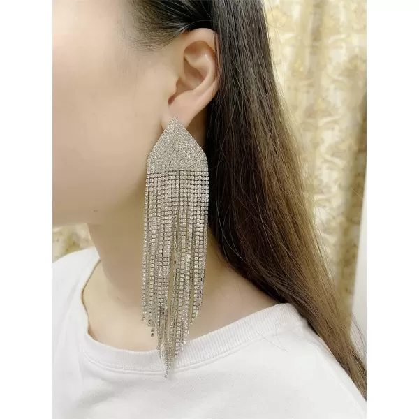 Luxury Fringe Crystal Drop Dangle Earrings for Women Girls Blink Diamond Chandelier Statement Dangling Stud Earring Exggerated Wedding Birthday Festival Jewelry GiftsSilver